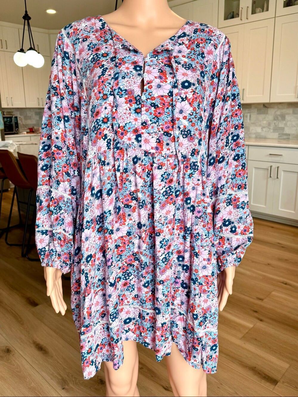 NWOT Natural Life Pink Floral Babydoll Mini Dress Boho Balloon Sleeve Medium - Picture 2 of 6